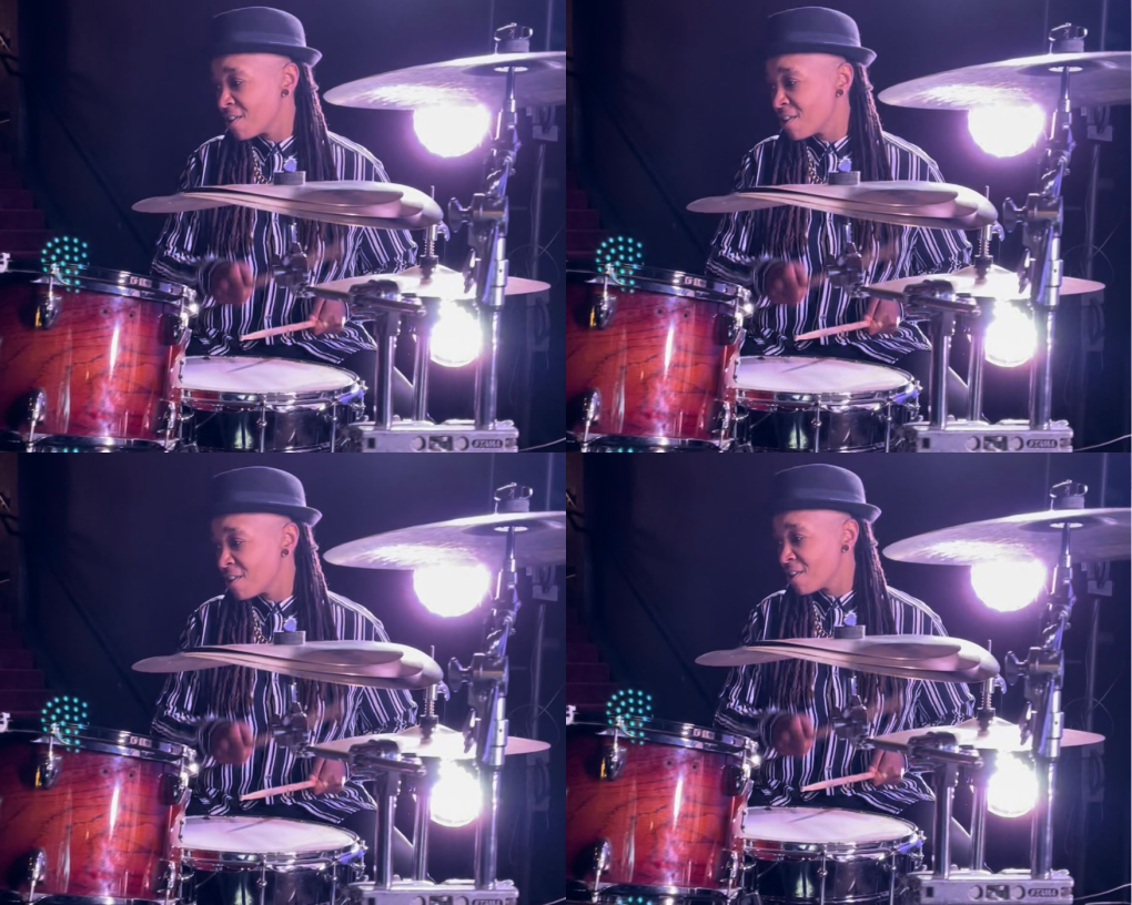 A collage of a person wearing a black hat sitting behind drums.