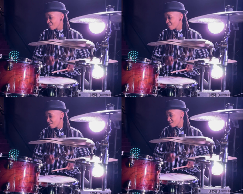 A collage of a person wearing a black hat sitting behind drums.