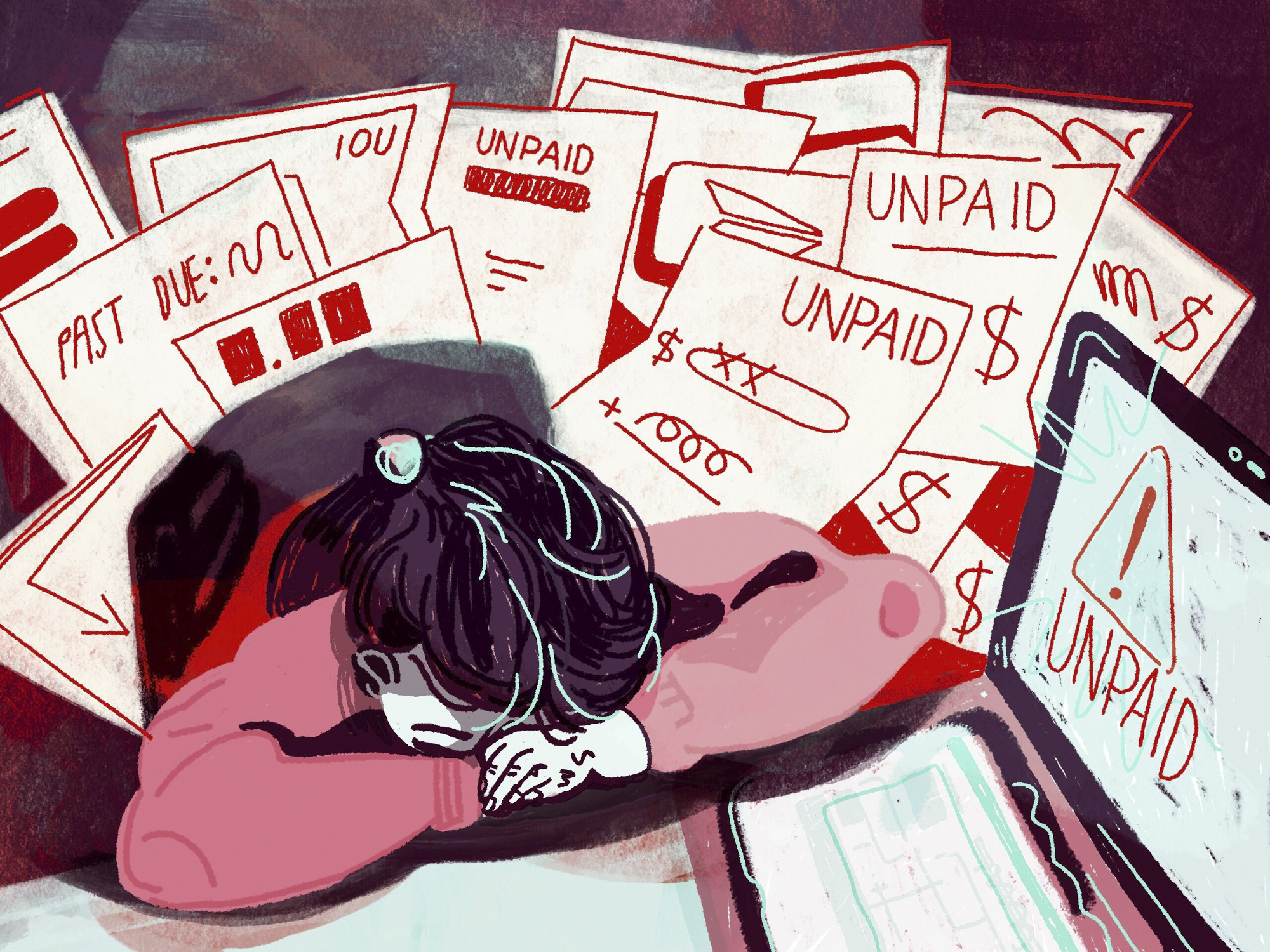 An illustration of a person, with head on the table, and piles of unpaid invoices behind them.