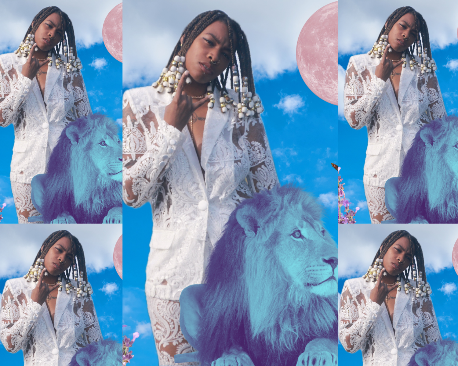 A collage of five images of a person wearing a white outfit with a red moon and blue lion next to them.