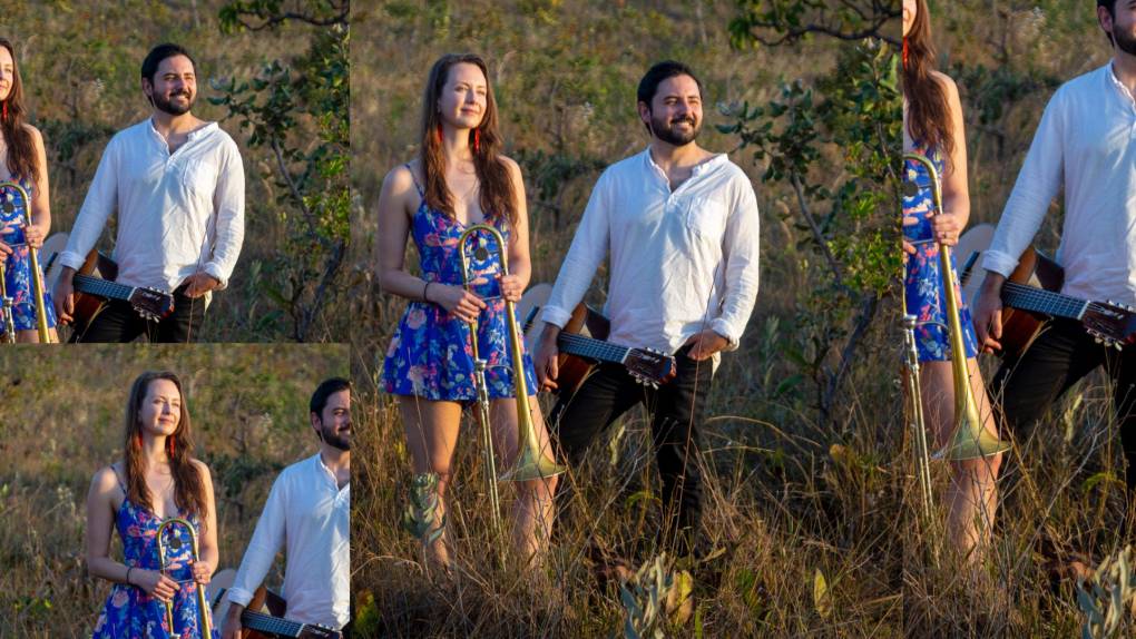 A collage of two musicians standing amidst green and brown grass.