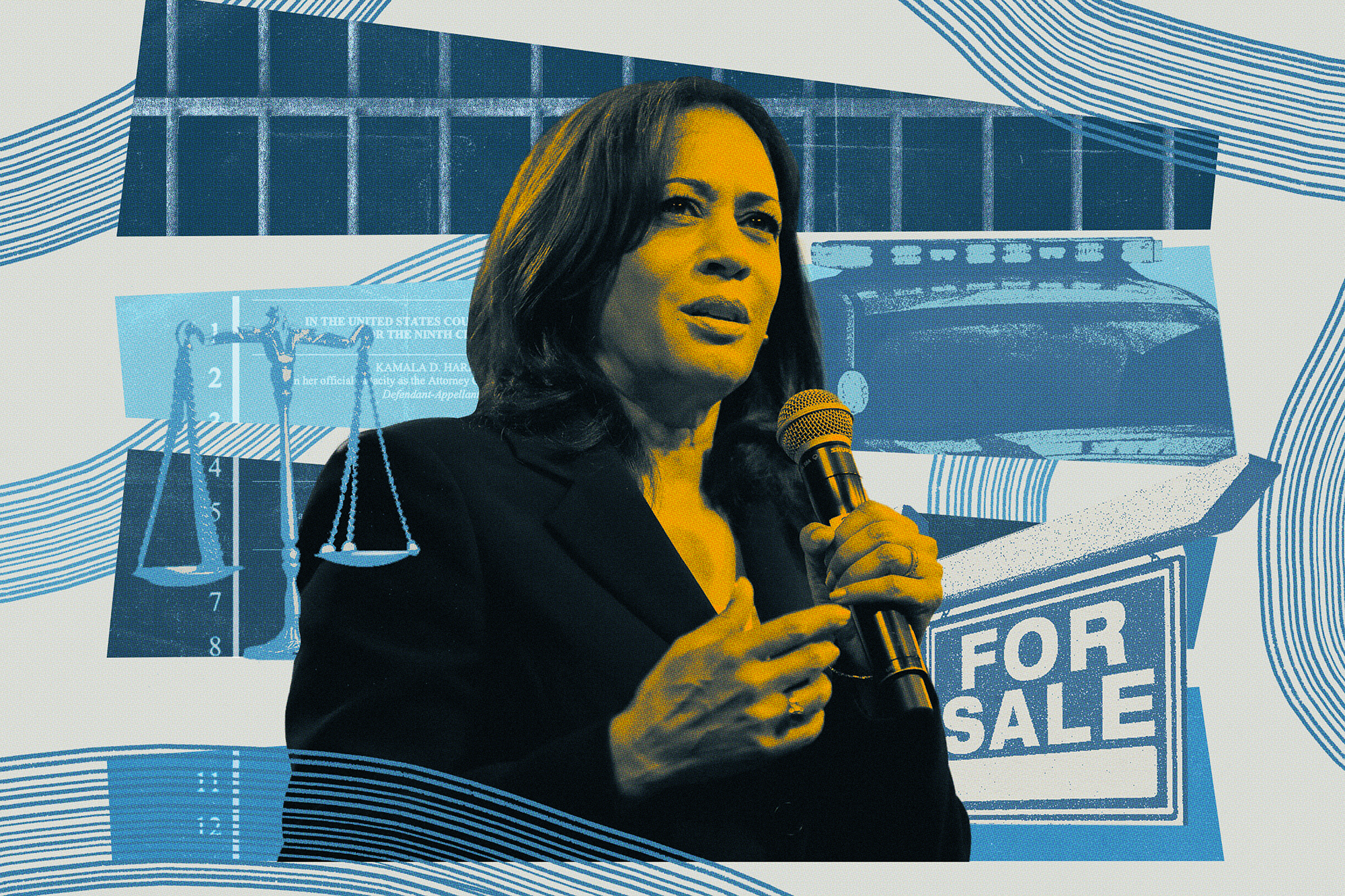 An illustration of a woman holding a microphone with a scale, a for sale sign and buildings in the background.