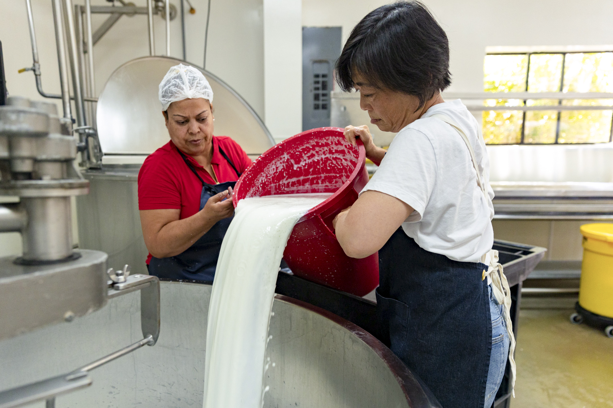 Two women pour milk from a pale into a large metal vat.