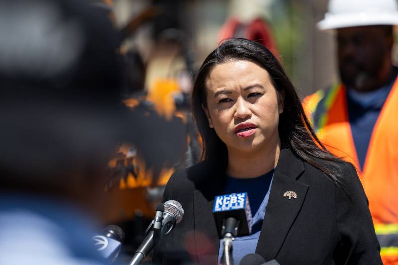 An Asian woman wearing a black jacket stands in front of a podium with microphones attached.