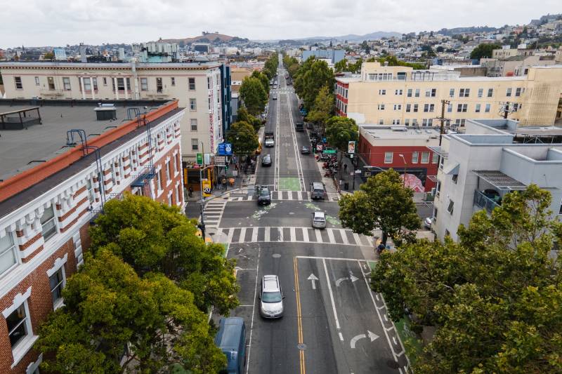 An aerial view of street in a city.