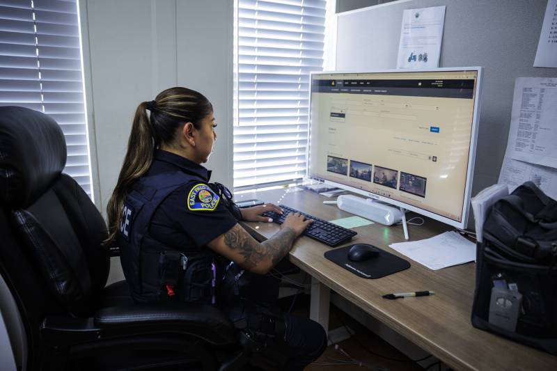 A woman dressed in a police uniform sits at a desk in an office looking at a computer screen.