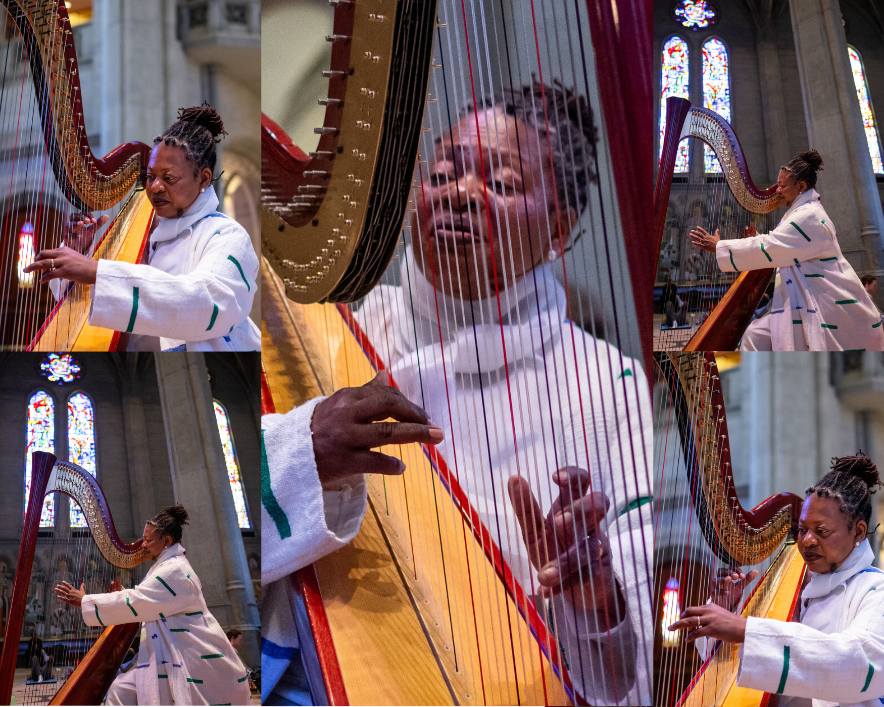 A collage of five images of a Black woman dressed in a white clothing playing a harp.