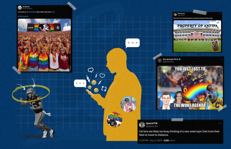 An illustration shows the outline of a person looking at their phone, overlaid with screenshots of memes about Cal football