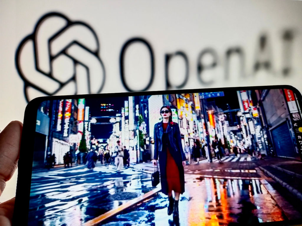 A hand holds a tablet with an image of a woman walking through a city street at night with the Open AI logo in the background.