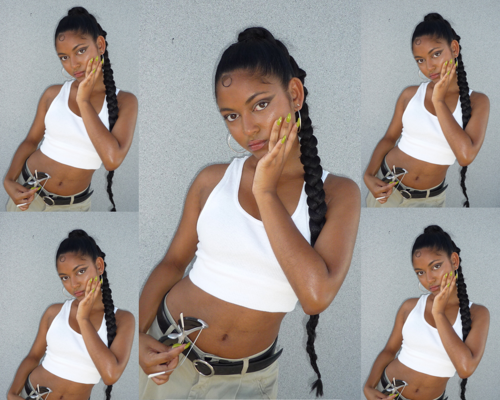 A photo collage of five images of an Asian woman wearing a white sleeveless shirt resting her left hand on her face.