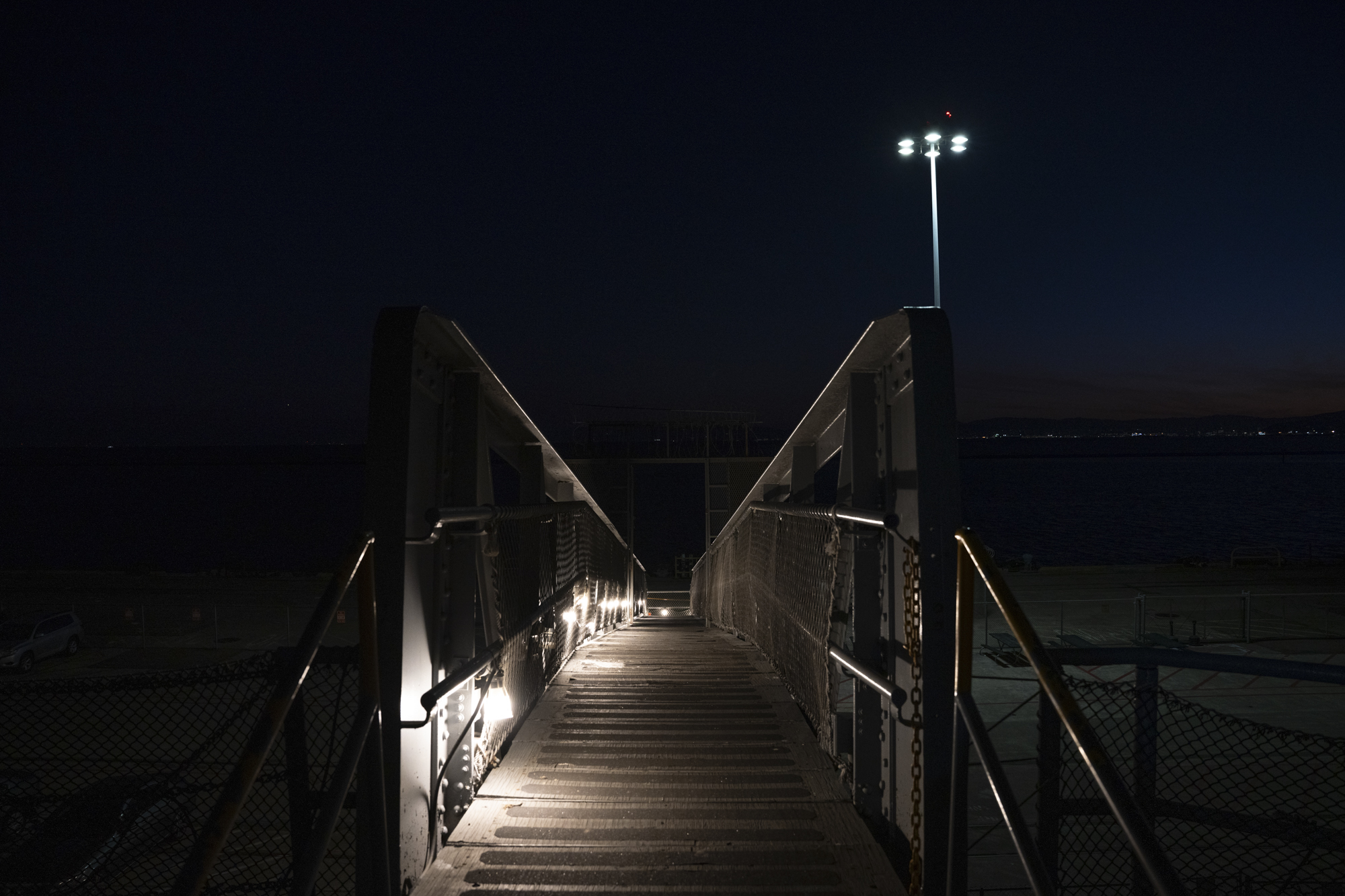 A ramp leading up to a ship.