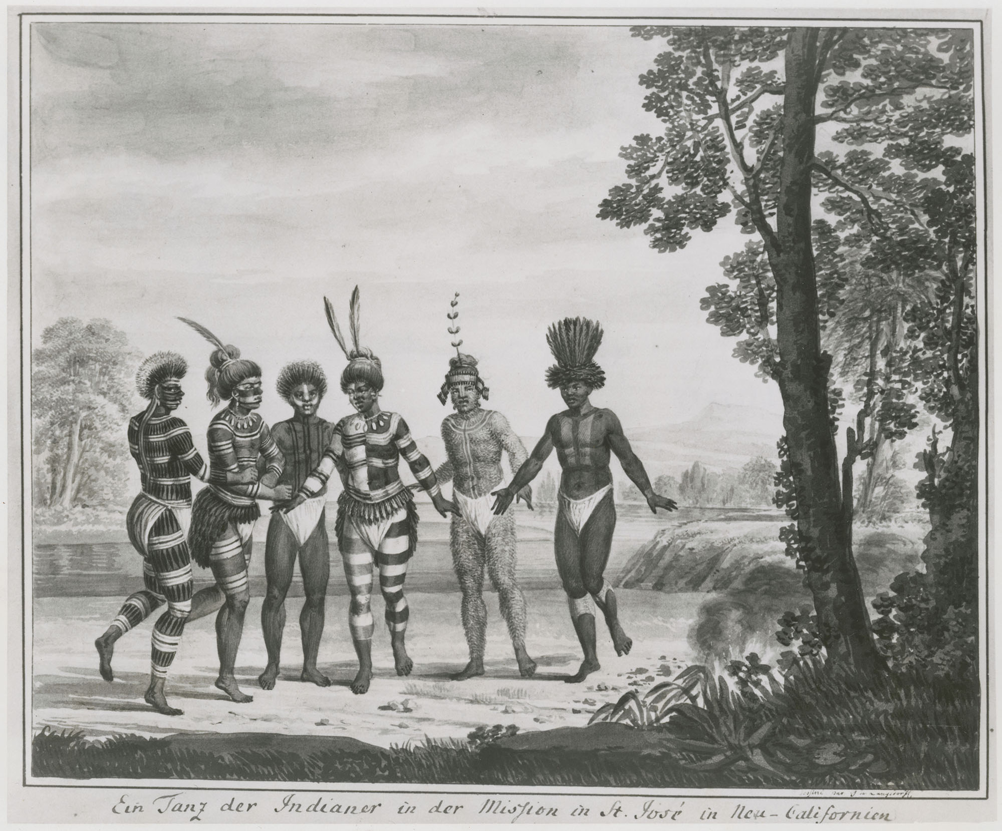 A black and white illustration of six Native Americans standing near each other outside.