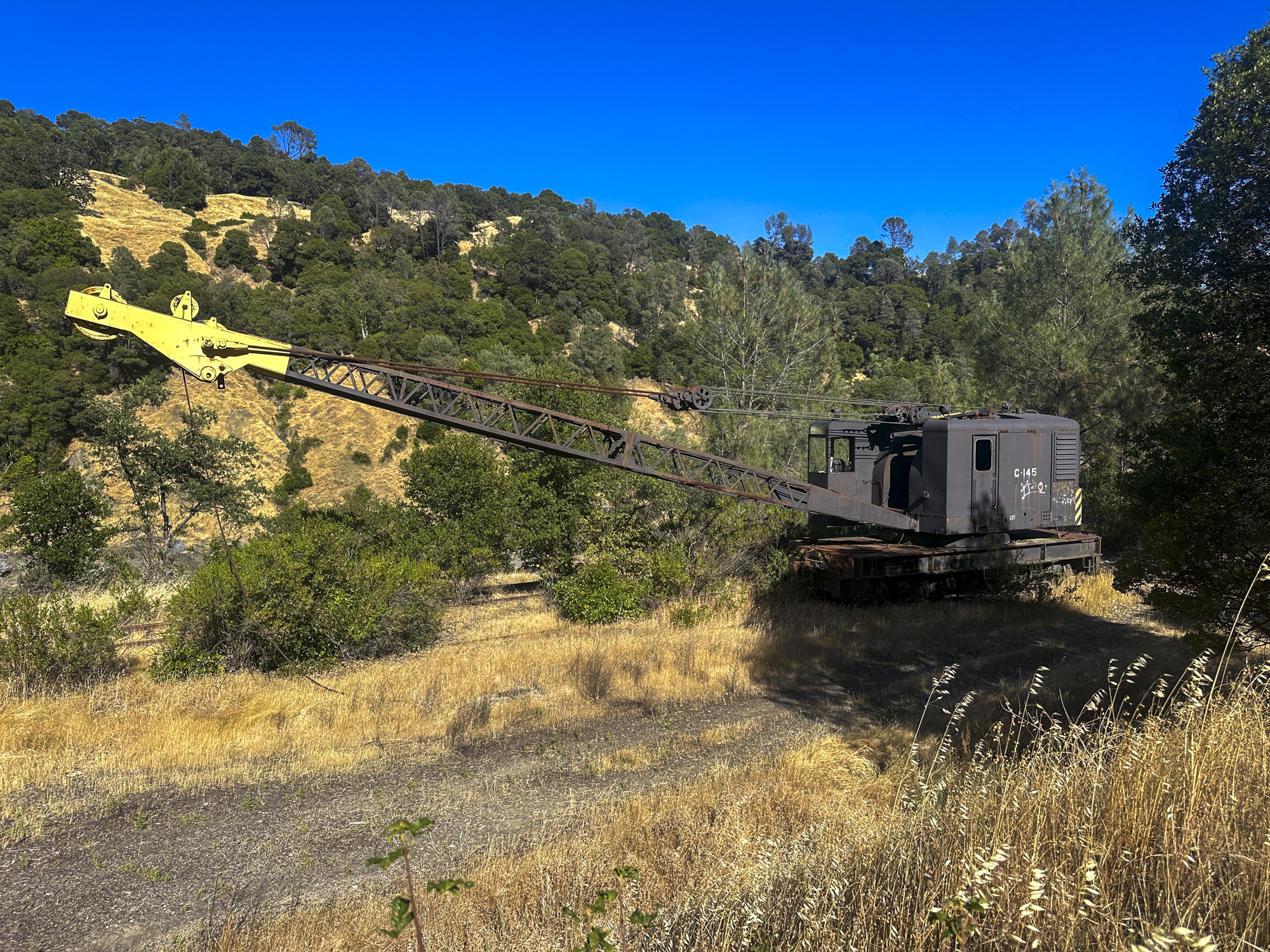 A rusted metal crane with a yellow tip in a grassy landscape.