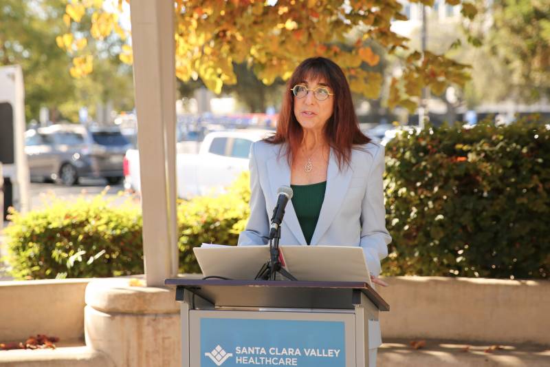 A middle-aged woman with glasses speaks at a podium with a sign that says 'Santa Clara Valley Healthcare.'