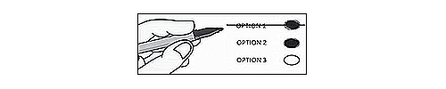 Un dibujo que muestra una pregunta de opción multiple en una boleta. Una mano sostiene un bolígrafo, el cual ha tachado por completo una opción y ha rellenado el óvalo de otra opción.
