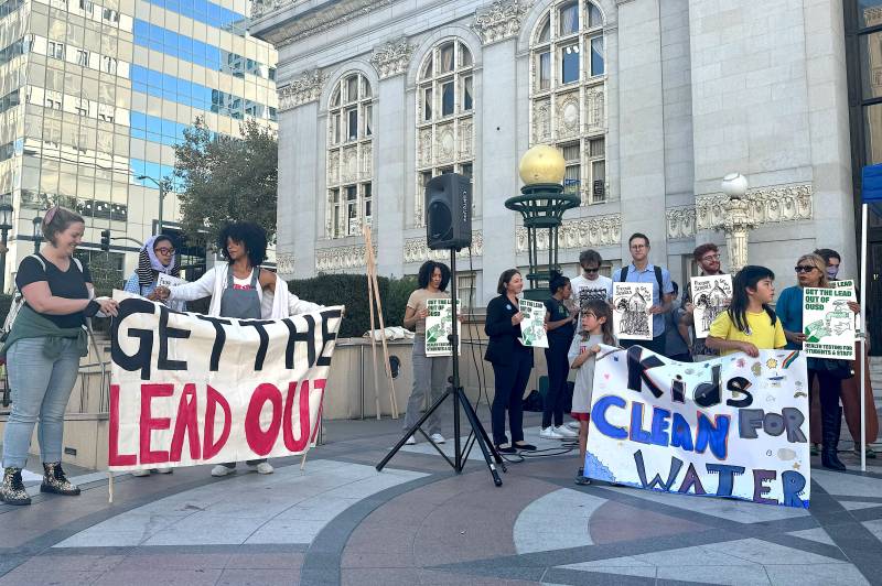 A small group of demonstrators, some of them small kids, stand outside of Oakland City Hall with signs that say 'Get the Lead Out' and 'Kids for Clean Water.'