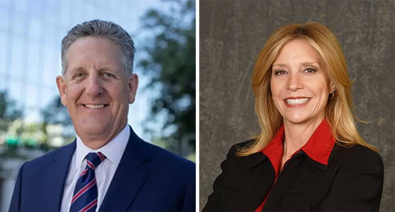 A side-by-side headshots of a middle-aged man and woman, both wearing suits.