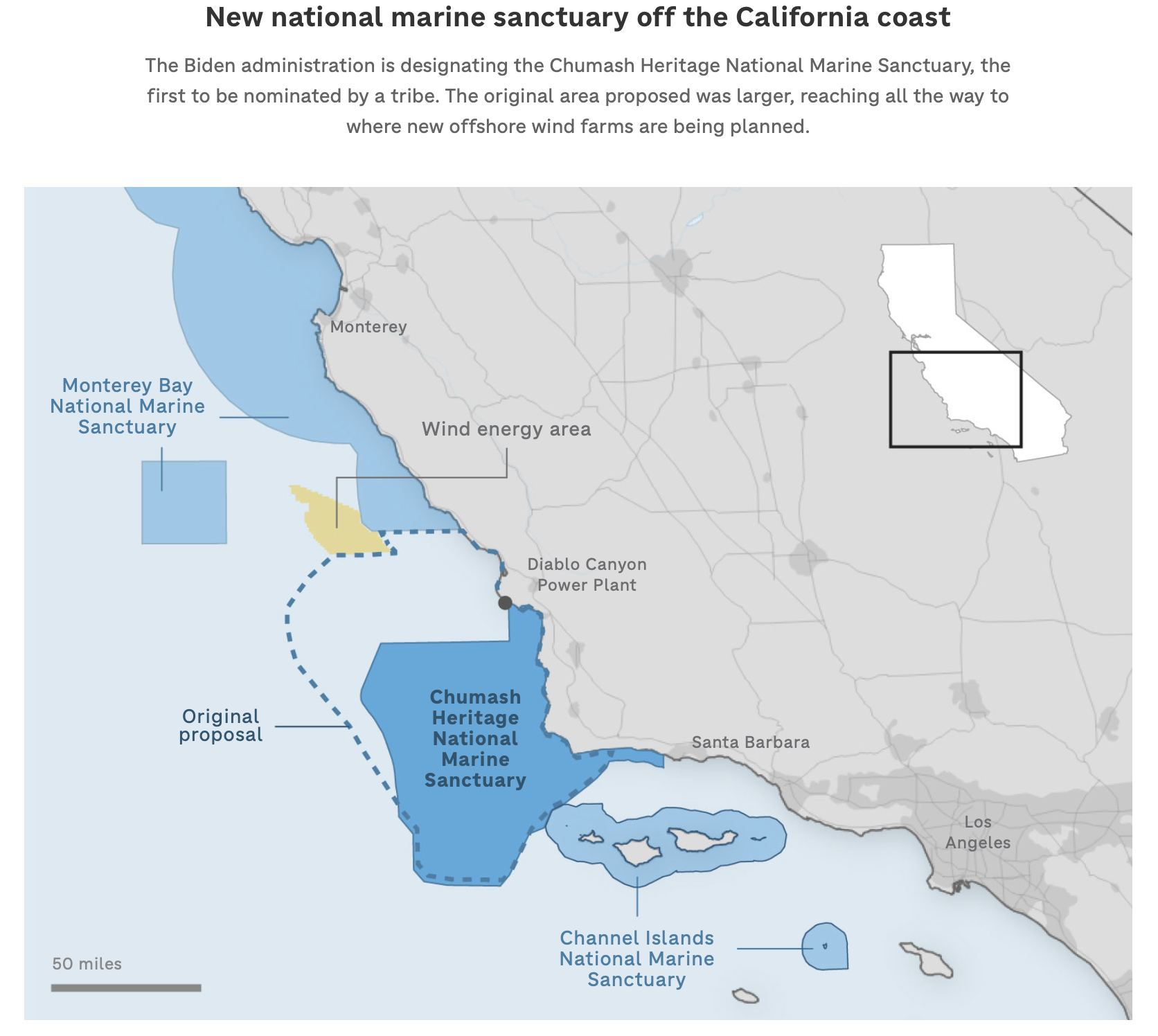 A map with different regions highlighted in shades of blue with a title that reads "New national marine sanctuary off the California coast."