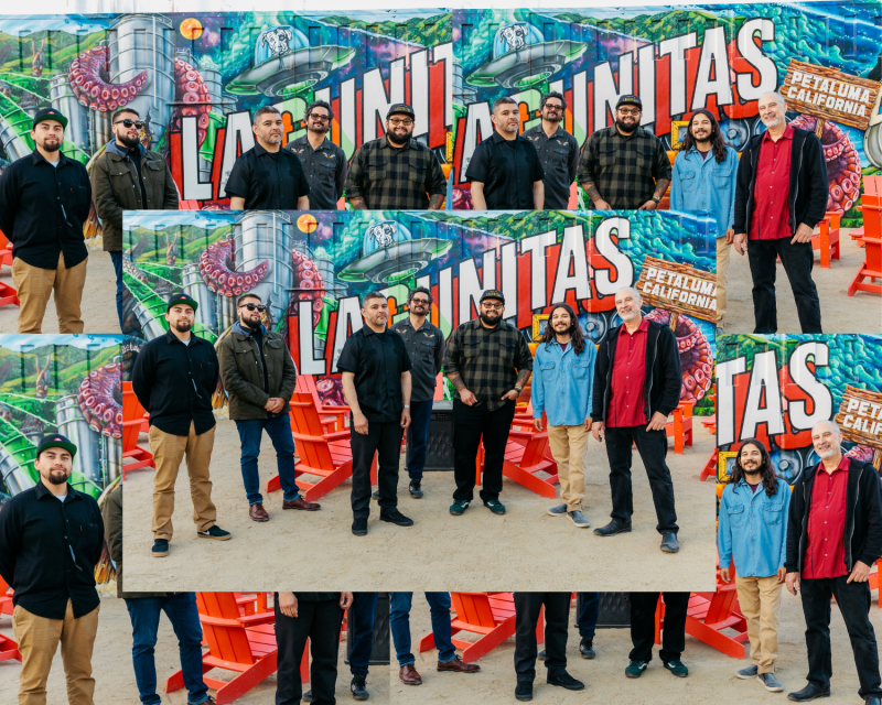 A collage of five images of seven man standing together in front of red chairs and a mural that reads "Lagunitas Petaluma California."