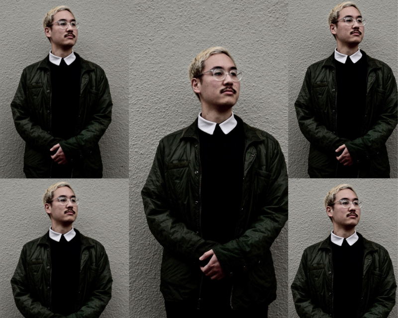 A photo collage of five images of an Asian man wearing glasses and a dress shirt and jacket that has his hands folded and is standing against a gray wall.