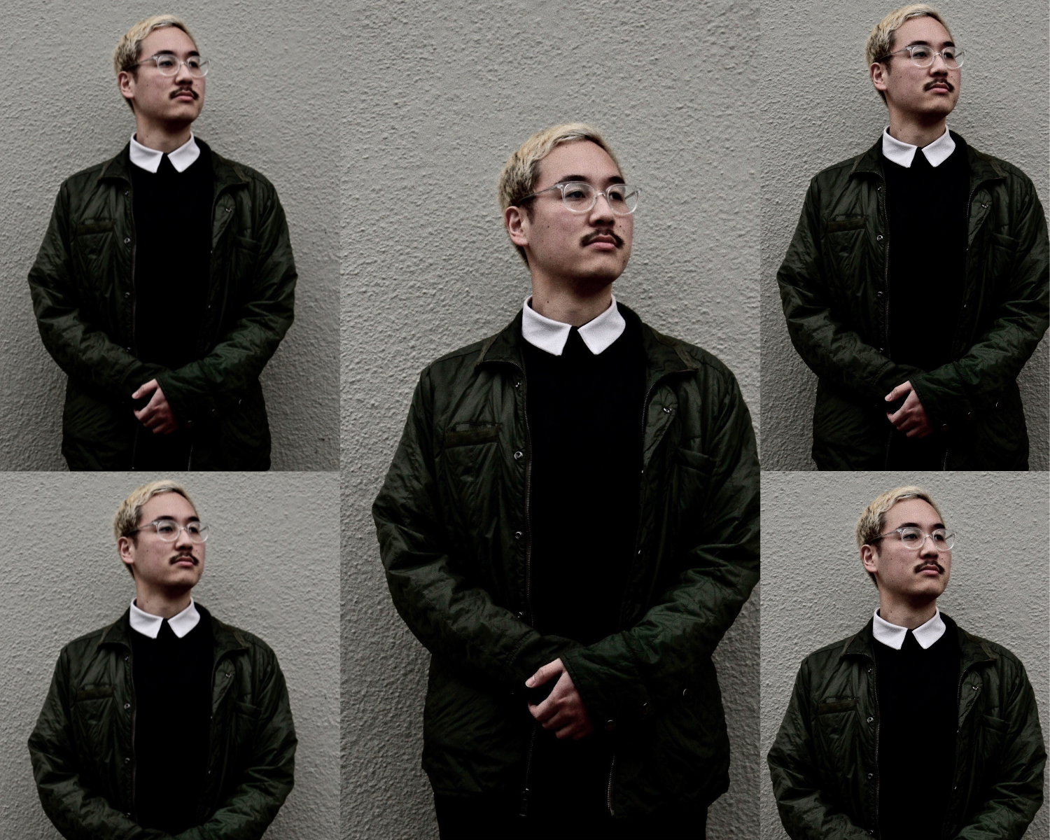 A photo collage of five images of an Asian man wearing glasses and a dress shirt and jacket that has his hands folded and is standing against a gray wall.