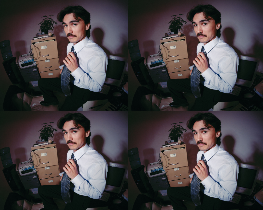 A collage of four images of a man wearing a dress shirt and tie holding boxes.
