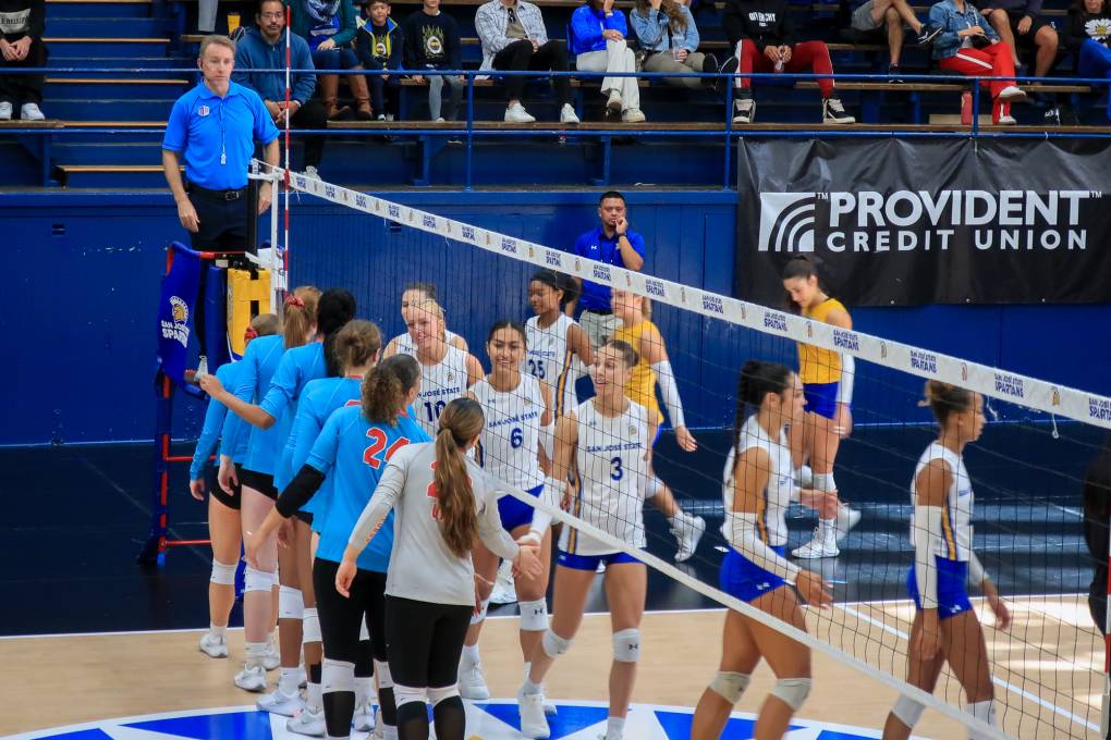 People wearing volleyball uniforms shake hands near the volleyball net.