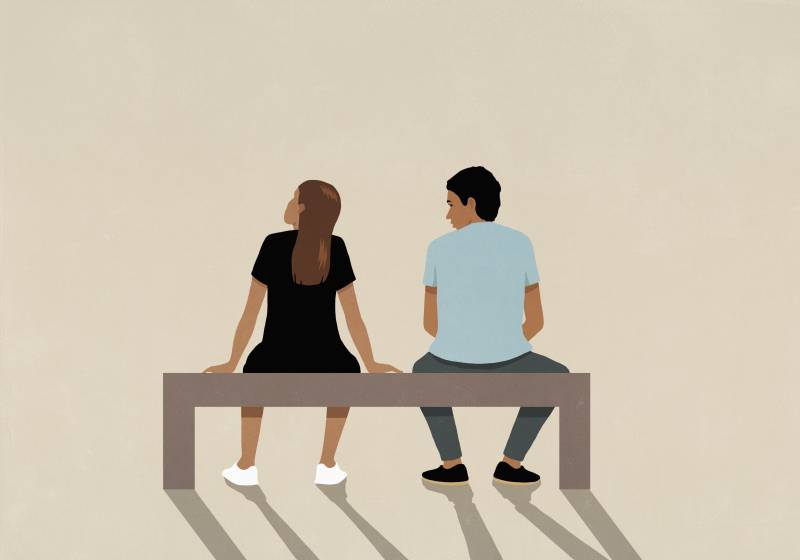 A drawing of a woman and a man sit on a bench together the woman faces away.