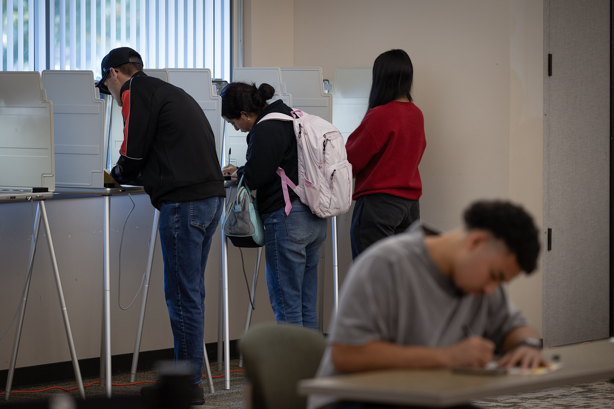 Three people face polling booths with their heads down as another person sits down at a desk.