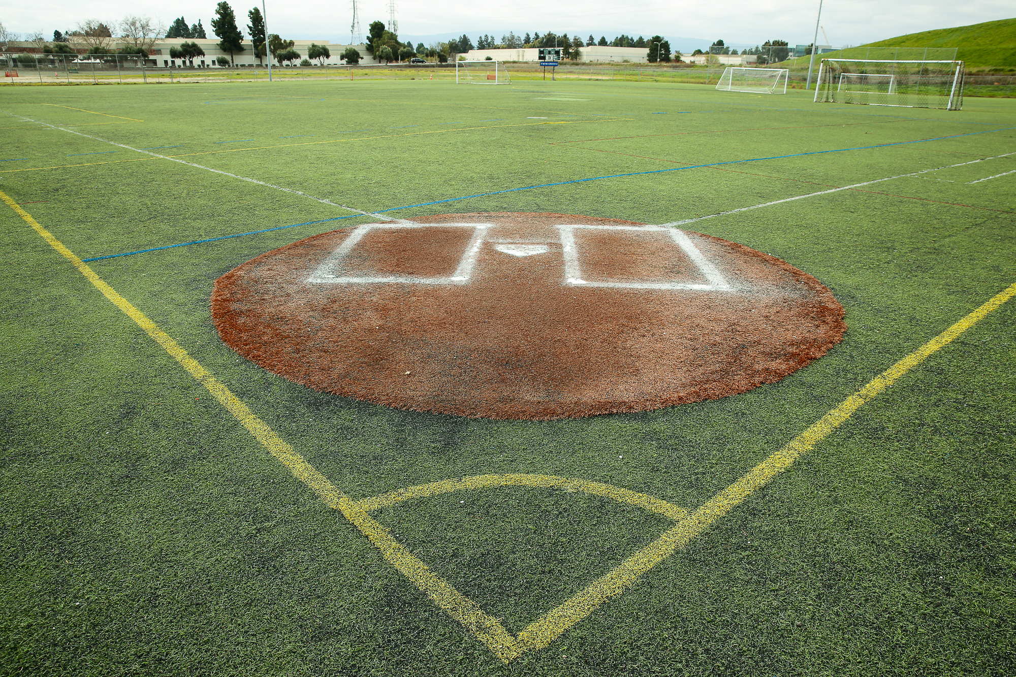 An artificial turf sports softball and soccer field.