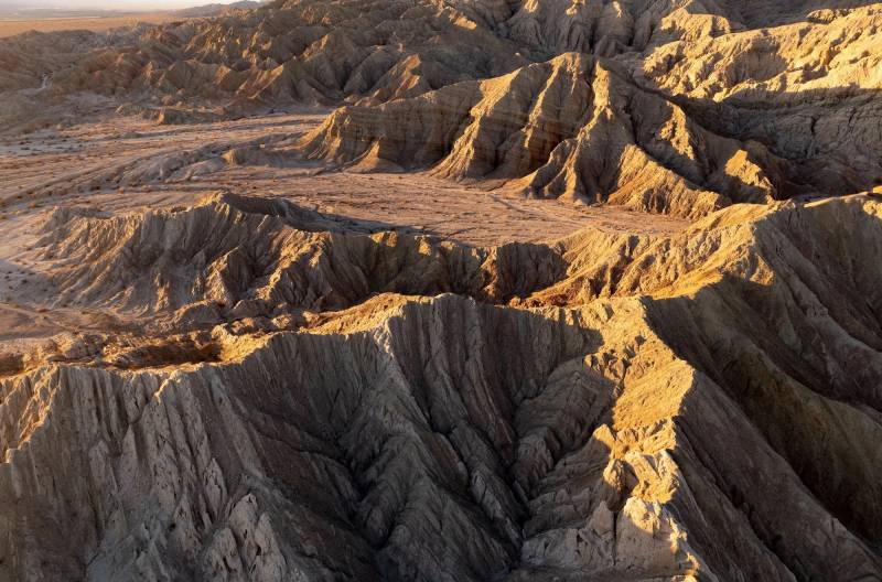 An aerial view of a desert canyon.