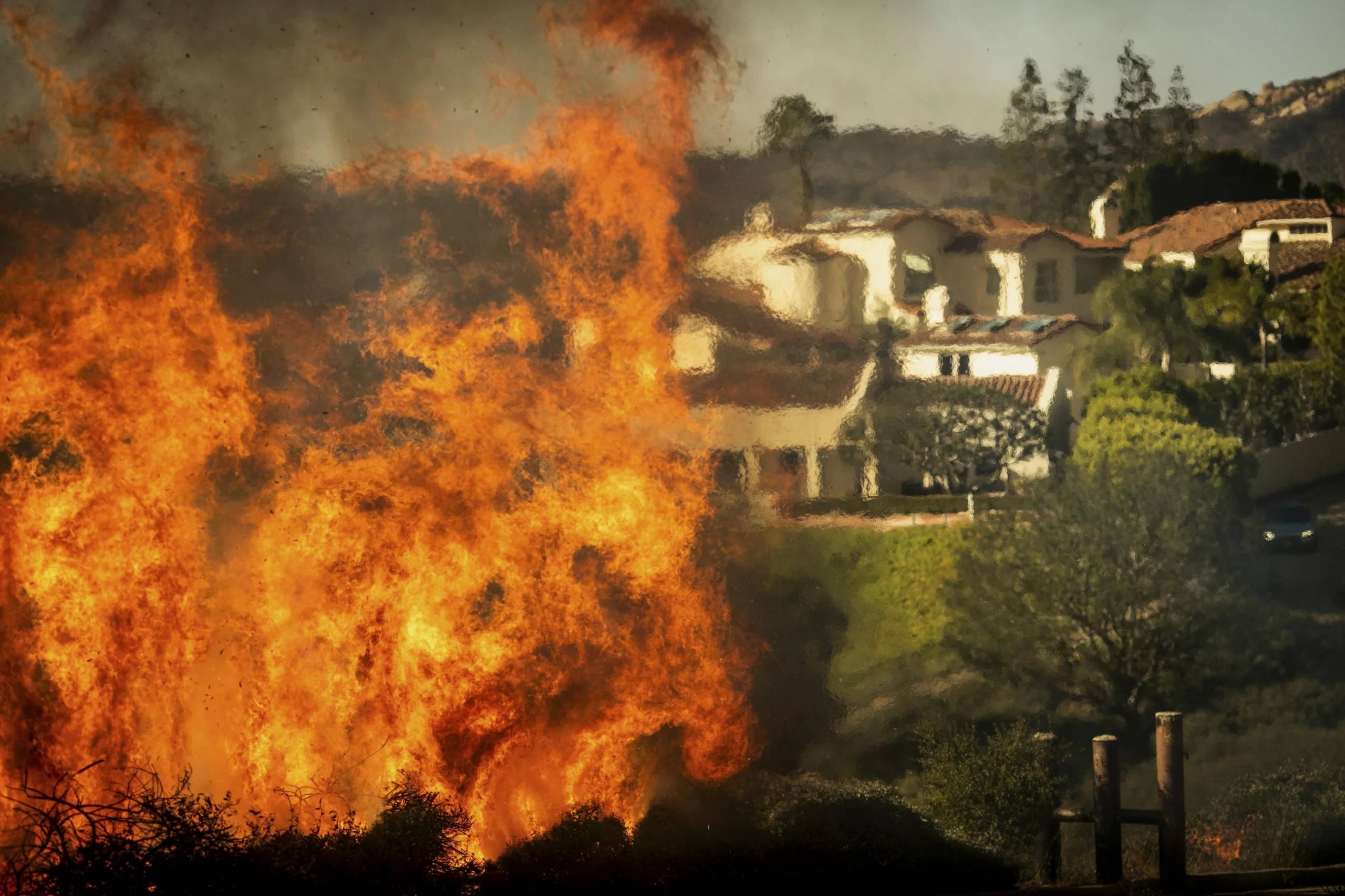 Flames in foreground with untouched houses behind and and pristine lawns.