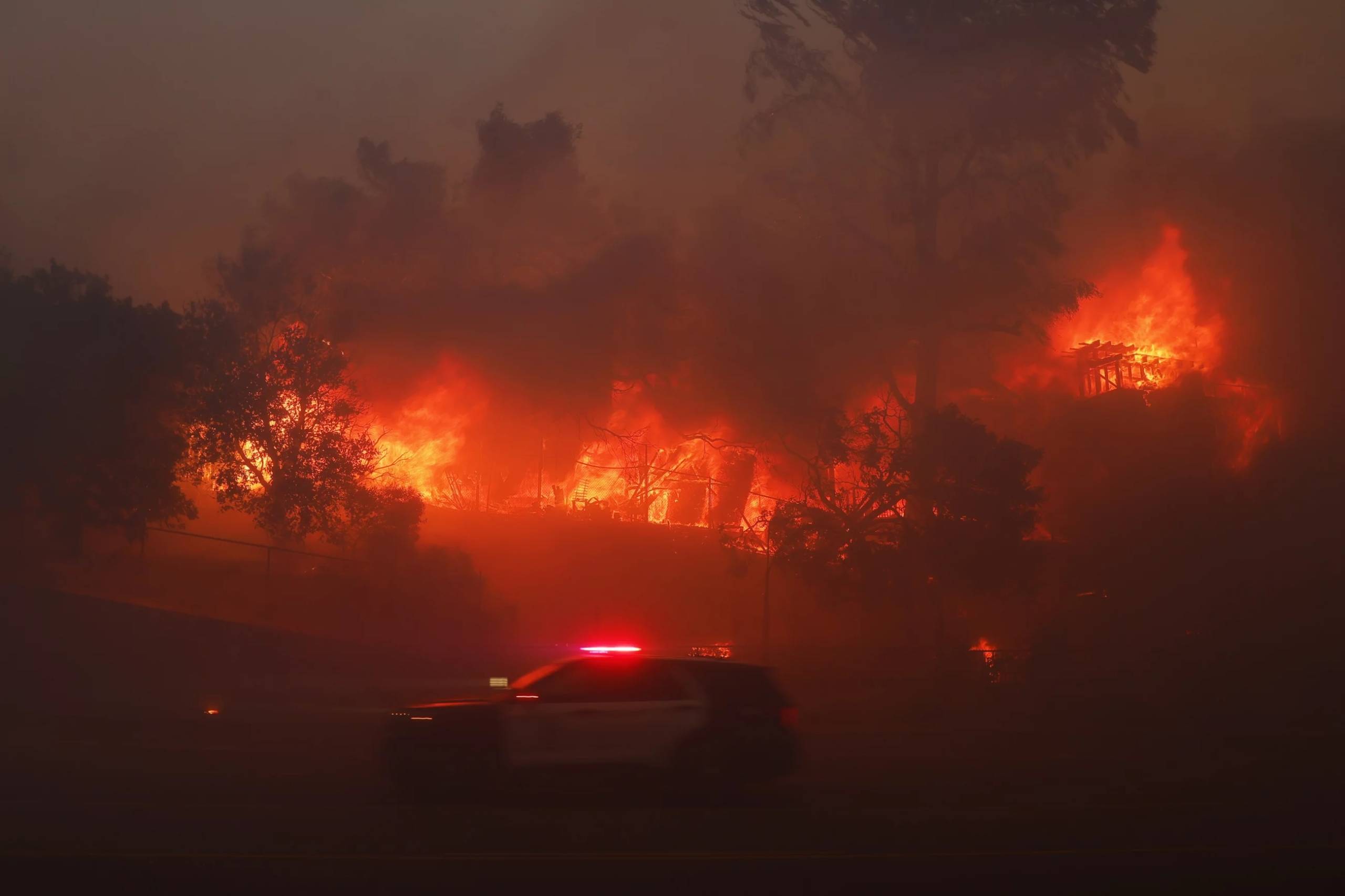 Flames engulf a wooded area.