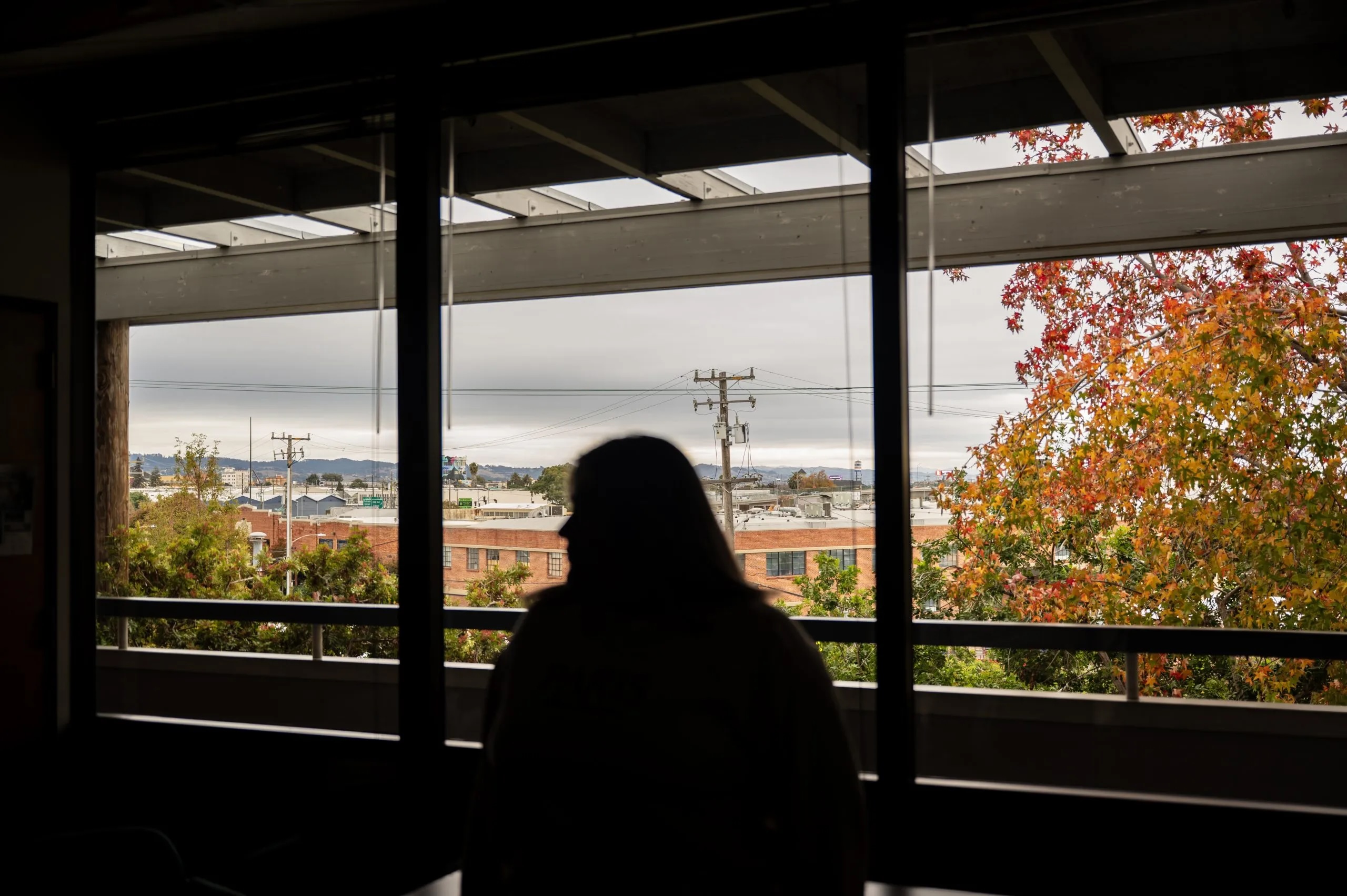 A woman's silhouette seen from behind, sitting on a balcony looking out on a city, trees, cloudy skies.