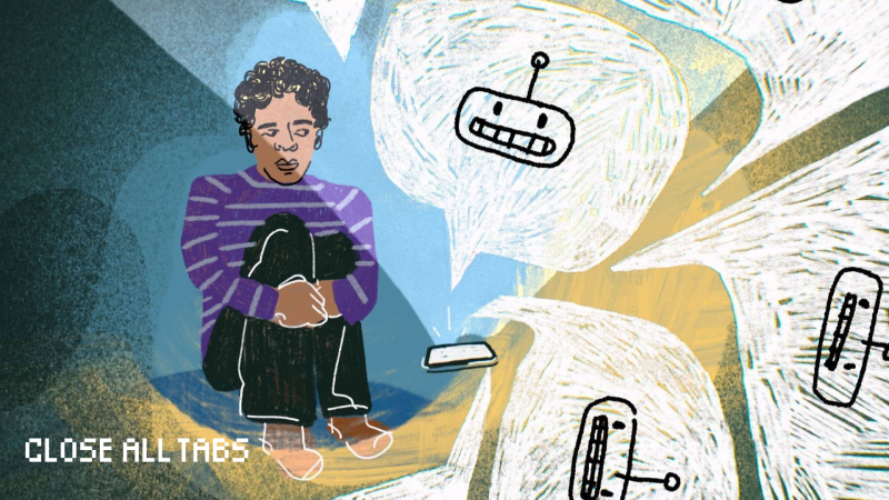 Illustration of a dark-skinned person sitting on the ground with a concerned expression, arms wrapped around their knees. A smartphone lies beside them, emitting ghost-like, chaotic speech bubbles that contain sketches of robot faces. The background features swirling brushstrokes in shades of blue, yellow, and green. In the bottom left corner, the words "CLOSE ALL TABS" appear in blocky, pixel-style font.