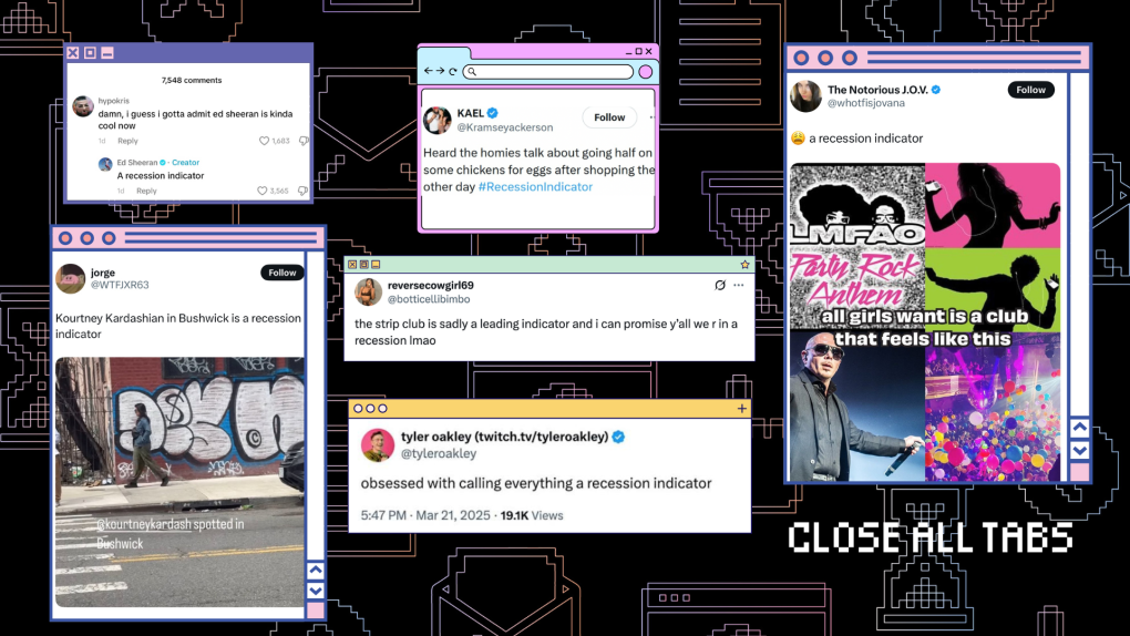 A collage of screenshots showing a series of “recession indicator memes” — funny social media posts and images highlighting examples of cultural trends that jokingly suggest a recession is coming.