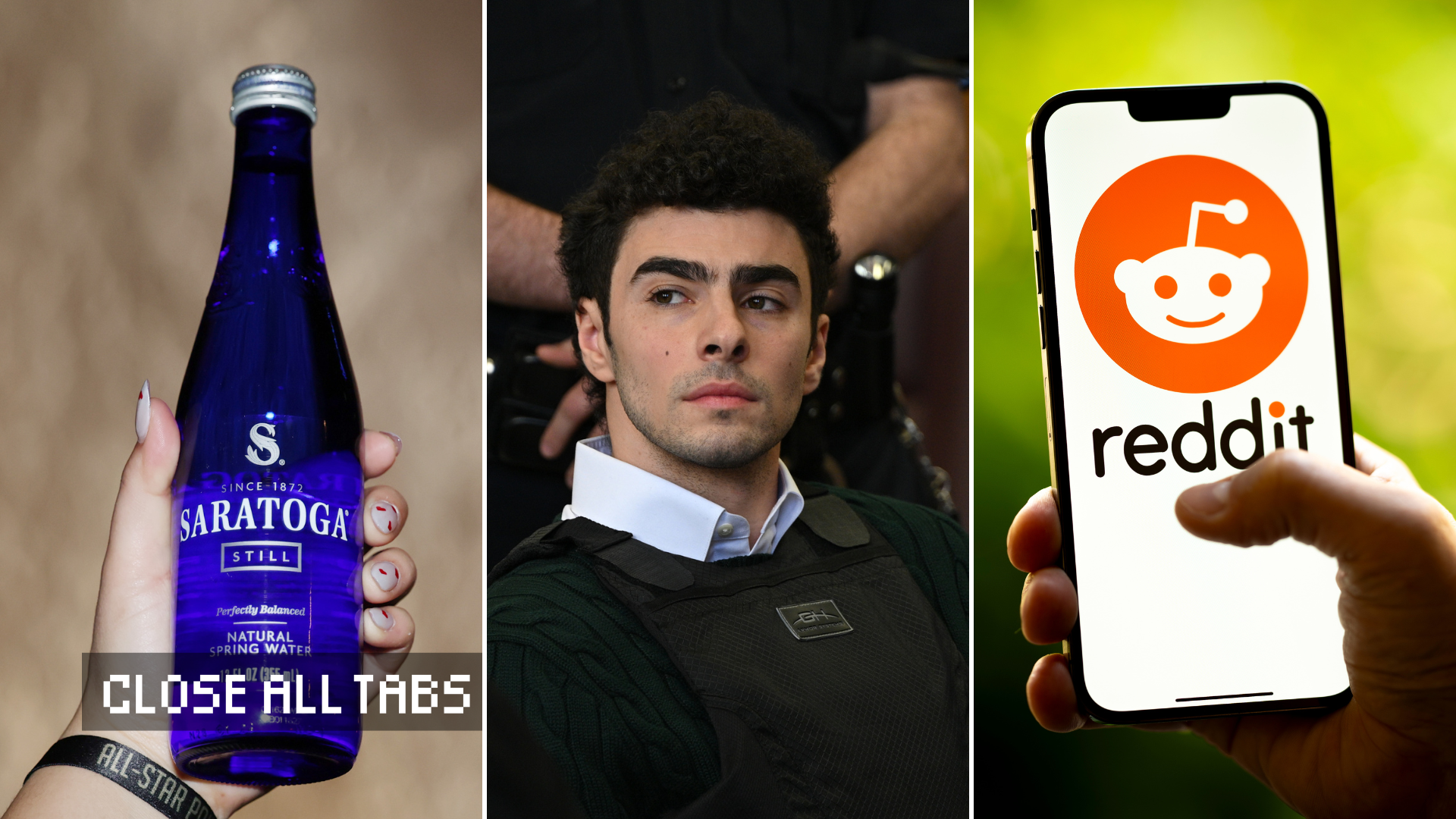 Composite image with three panels: On the left, a close-up of a woman's hand holding a deep blue bottle of Saratoga natural spring water, with red dots painted on her fingernails and a black wristband reading 'ALL STAR'; in the center, Luigi Mangione is seen in court wearing a white collared shirt under a dark green sweater and a black bulletproof vest, with a serious expression on his face; on the right, a hand holds a smartphone displaying the Reddit logo, a smiling alien face in a red circle, against a green blurred background.