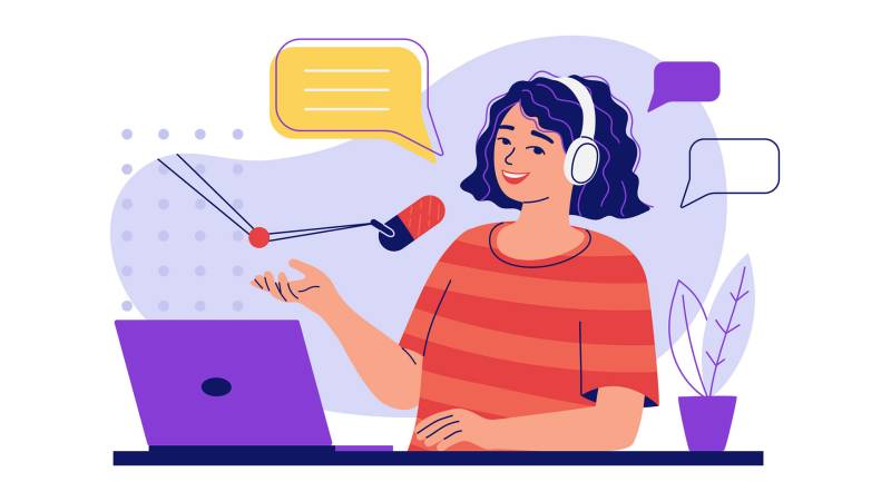 Graphic illustration of a young woman with curly hair sitting in front of a computer, with a microphone and headphones on.
