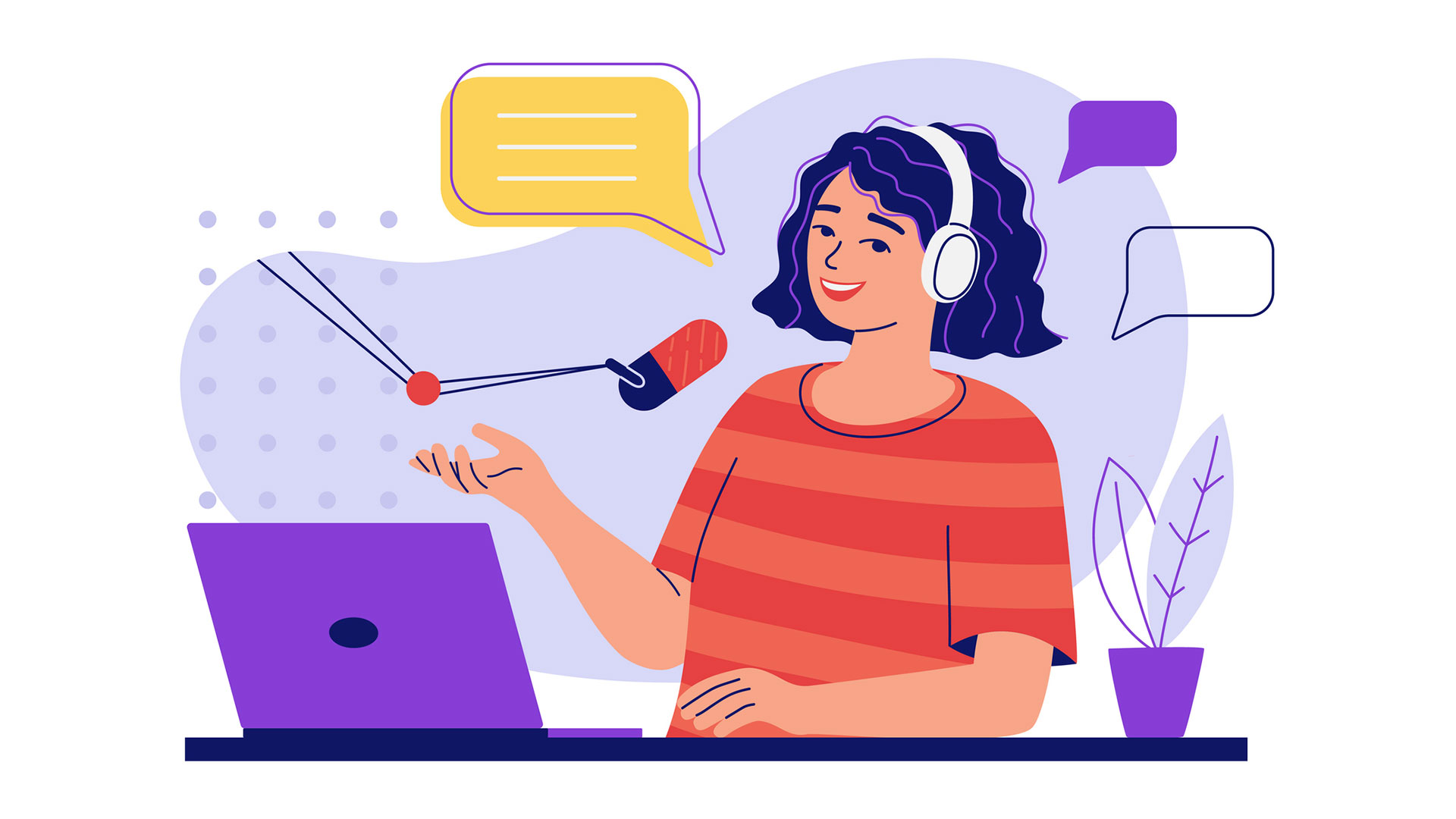 Graphic illustration of a young woman with curly hair sitting in front of a computer, with a microphone and headphones on.