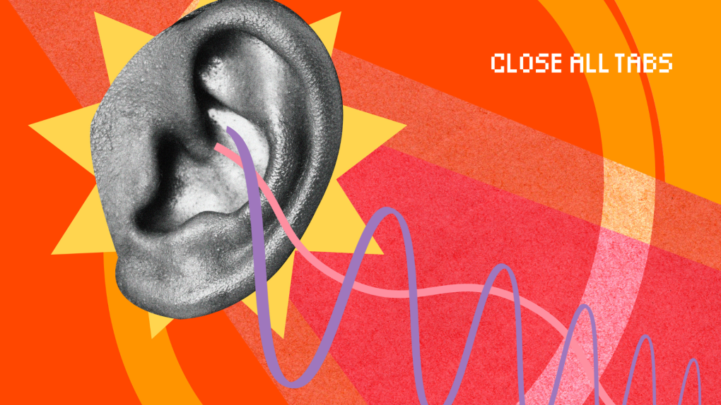 A collage-like illustration featuring a black and white photo of an ear on an orange, red, and yellow color background. Abstract geometric images dot the background, including a yellow star shape and concentric circles. Squiggly purple and pink lines connect from off screen to the ear, which represent sound waves.