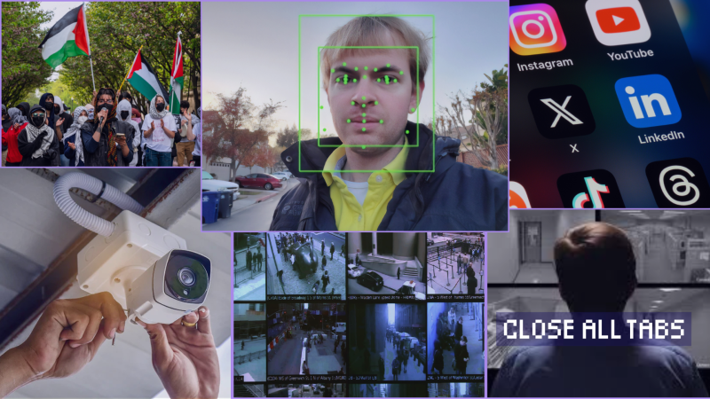 A collage of photos: image of students at a protest with Palestinian flags; image of a young man with lines and dots superimposed over his face indicating facial recognition technology; image of a cell phone screen with social media apps; image of the back of someone’s head in front of a bank of monitors showing CCTV footage; image of a grid of CCTV images; image of a hand adjusting a ceiling-mounted surveillance camera.