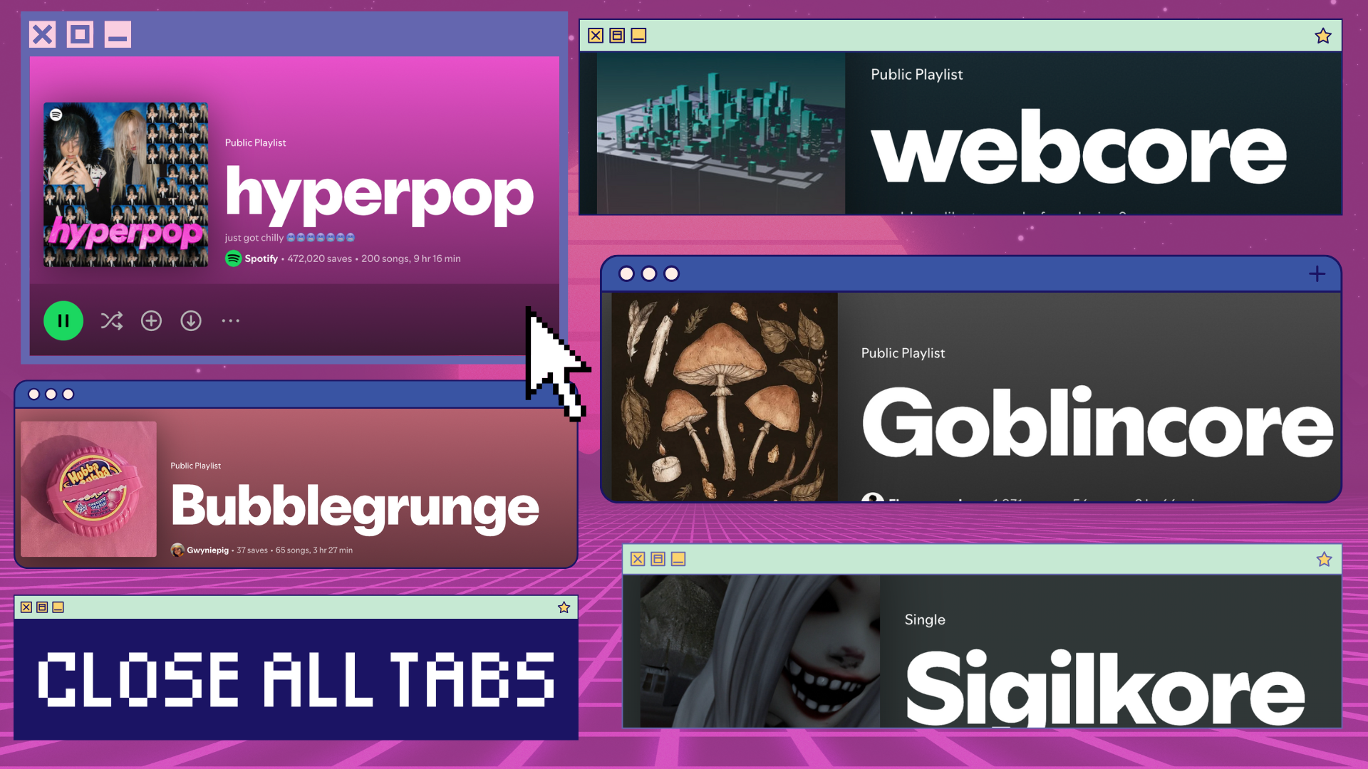 A digital collage of Spotify playlists representing various micro-genres, including Hyperpop, Goblincore, Bubblegrunge, Webcore, and Sigilkore. Each playlist is framed inside a stylized browser window graphic. The background is a vibrant 1980s-style pink grid with a mountainous horizon and a large moon.