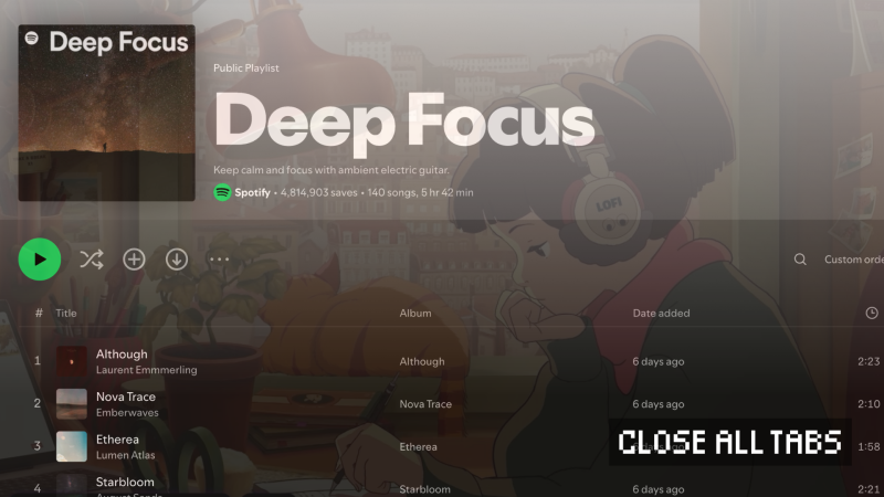 A layered image combining Spotify’s Deep Focus playlist interface with YouTube’s Lofi Girl illustration. The Spotify playlist title and interface elements appear semi-transparent over the Lofi Girl’s desk scene, where she wears headphones labeled “Lofi” while writing at her desk. The image blends both platforms' visual styles to highlight their algorithm-driven focus music.