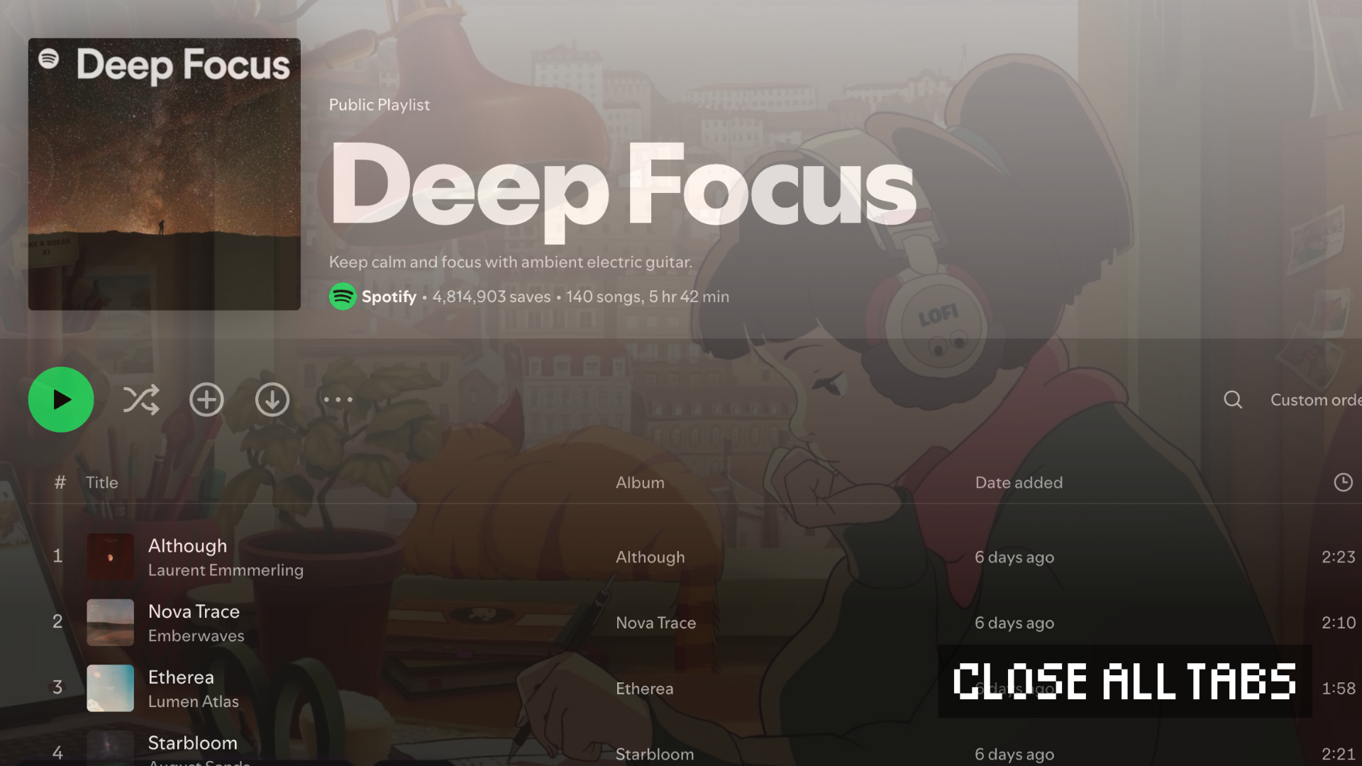 A layered image combining Spotify’s Deep Focus playlist interface with YouTube’s Lofi Girl illustration. The Spotify playlist title and interface elements appear semi-transparent over the Lofi Girl’s desk scene, where she wears headphones labeled “Lofi” while writing at her desk. The image blends both platforms' visual styles to highlight their algorithm-driven focus music.