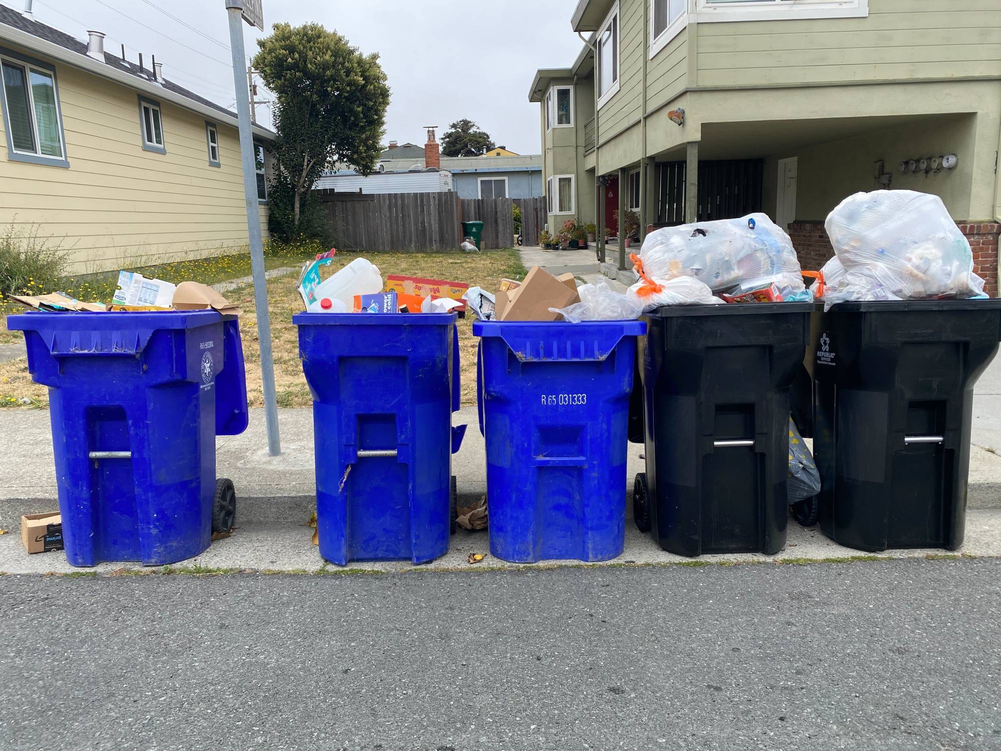 Several trash cans (three are blue and two are black) filled with garbage are placed in a row on the street.