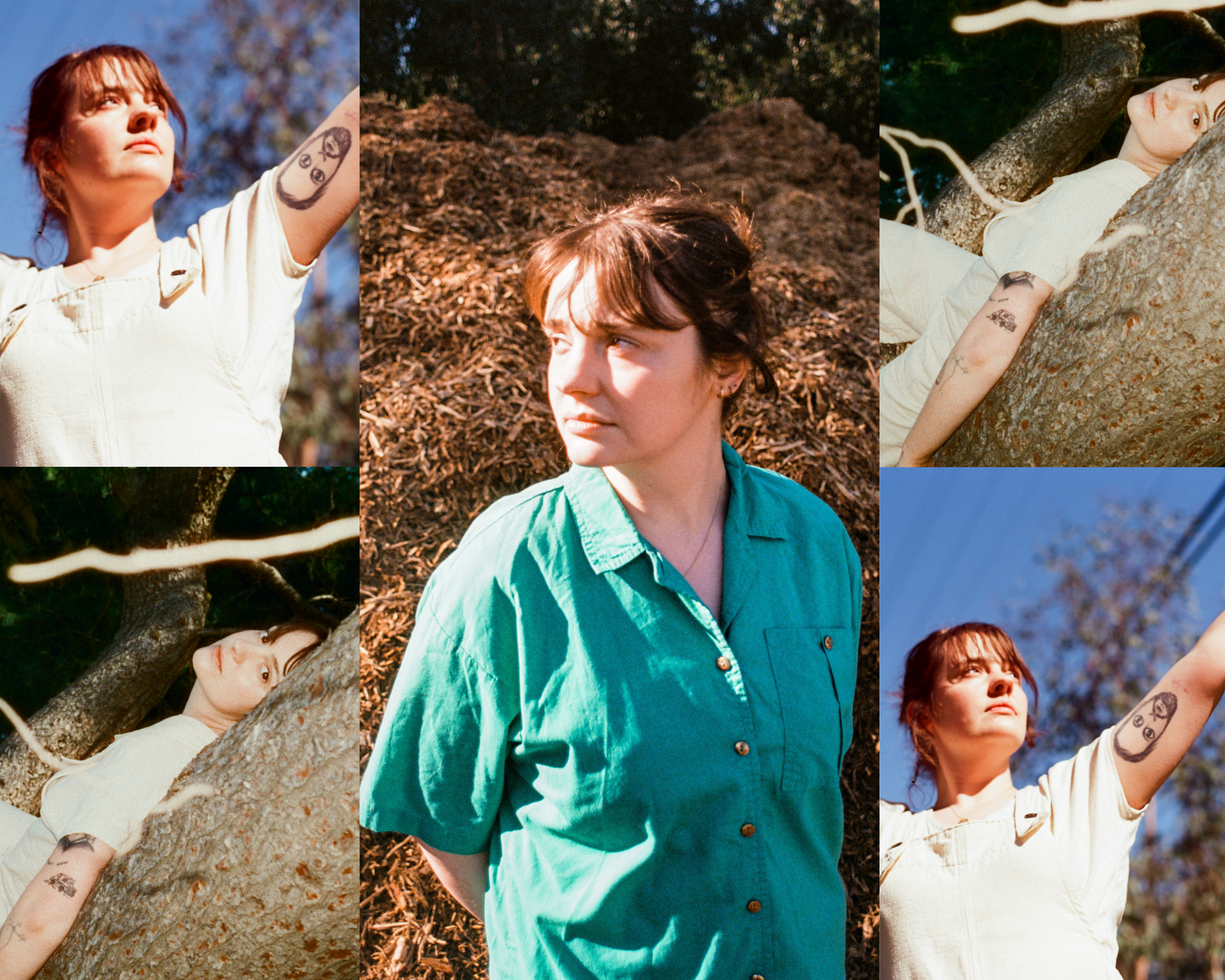 A photo collage of a woman wearing a turquoise shirt in one image and a white shirt in another image lying against a tree.