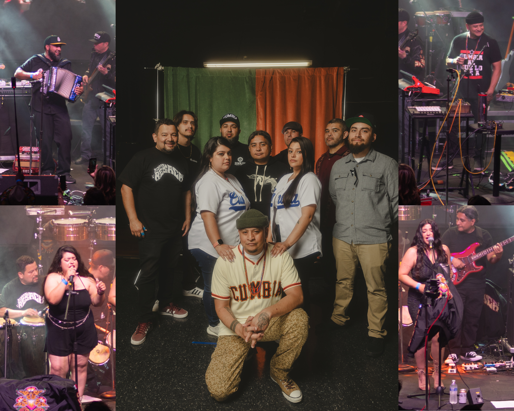 A photo collage of five images of a group of men and women posing with a red and green curtain in the background. The side images show a band performing on stage.