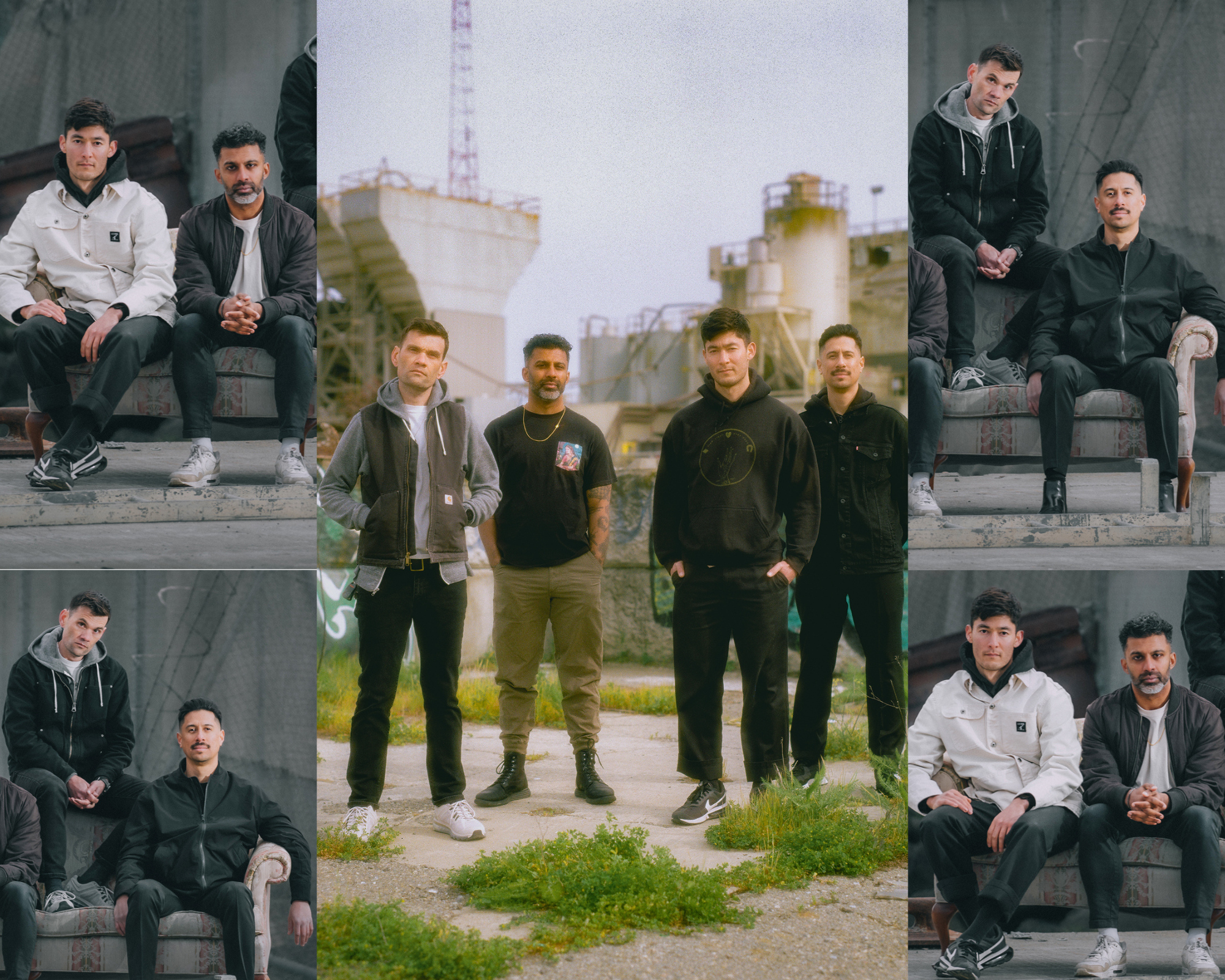 A photo collage of five images of a group of men standing next to each other. The side images show a the men sitting on a sofa.
