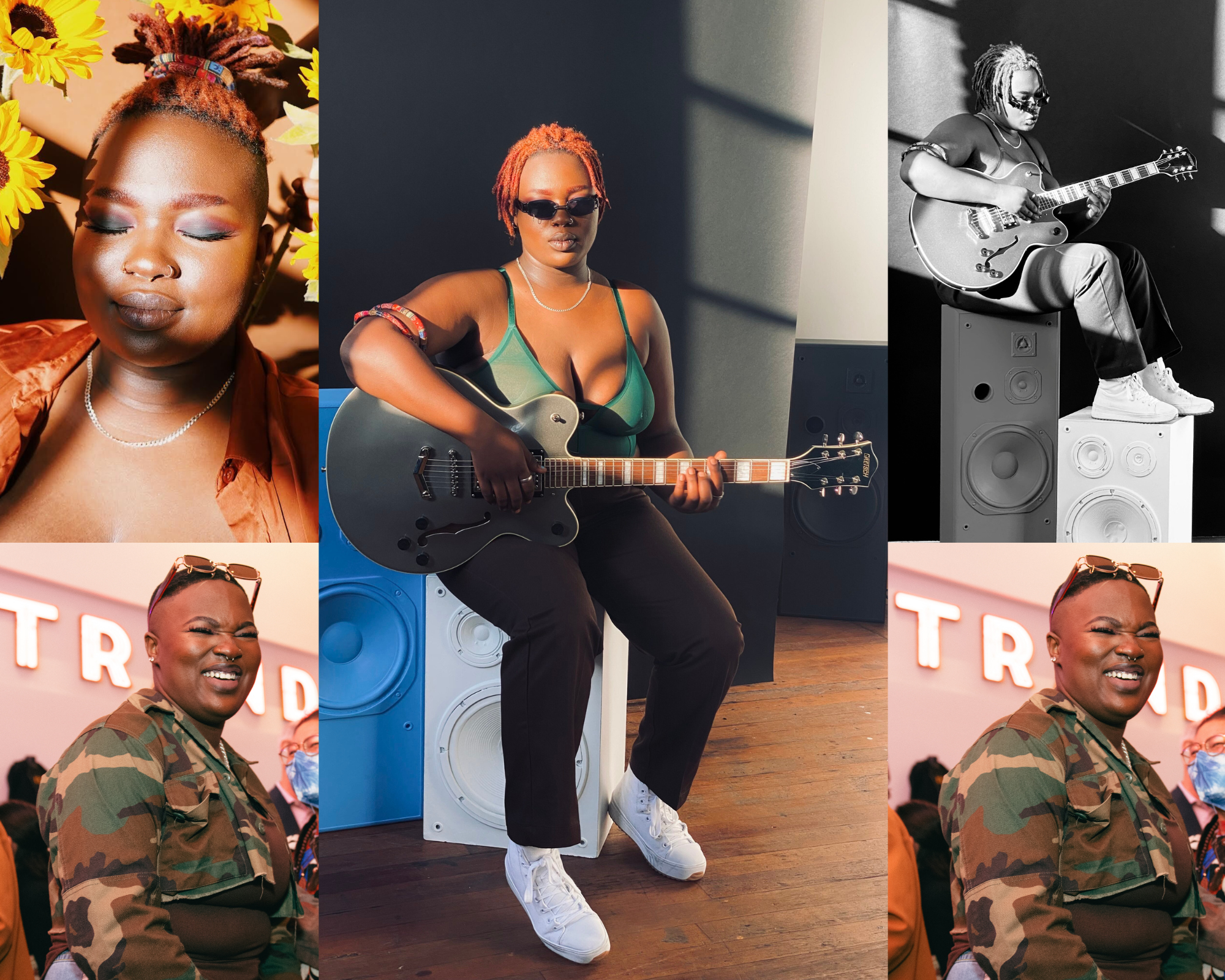 A collage of five images showing an African American woman wearing a green top, camouflage jacket and sun glasses while holding a guitar in various images.
