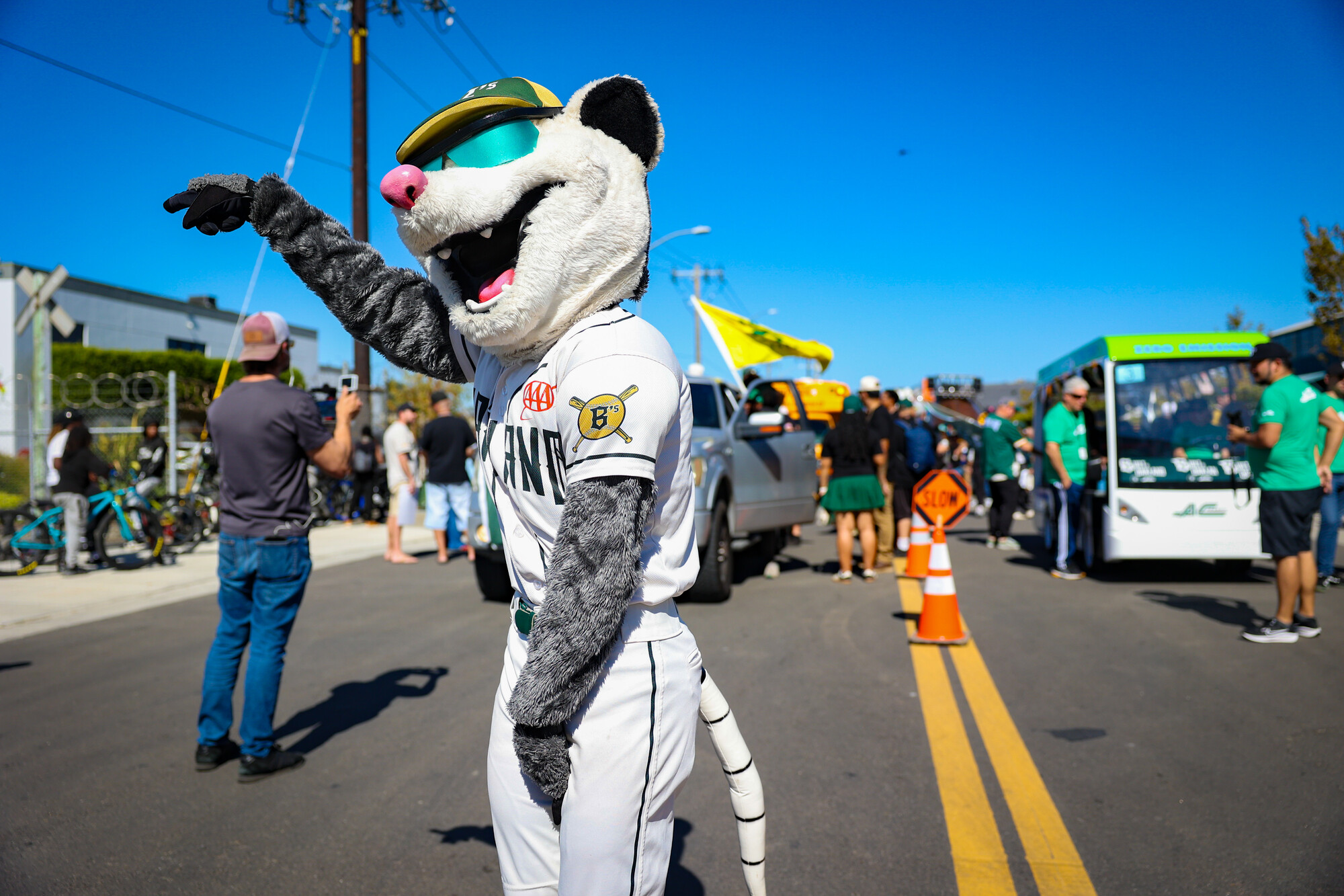 A person dressed in a possum mascot suit waves while standing in the middle of the street.
